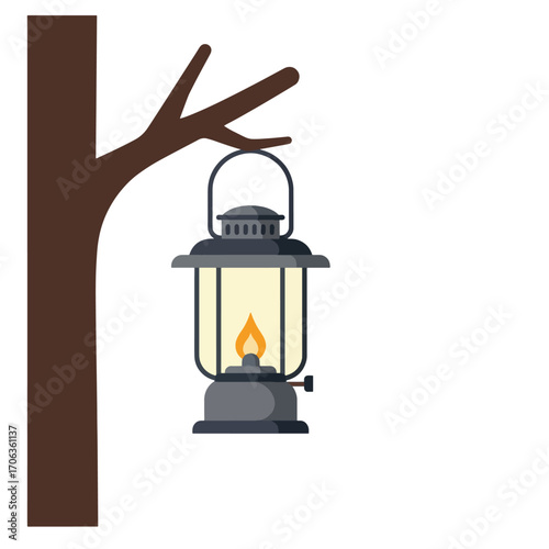 A lit lantern hangs from a tree branch