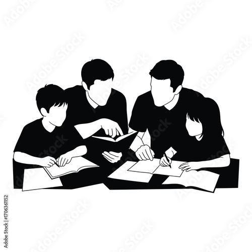 Diverse family engaged in collaborative learning and study session together silhouette
