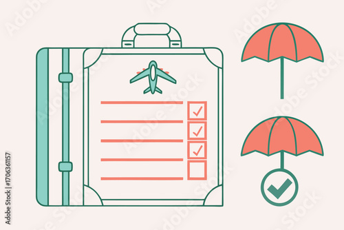 Suitcase with checklist and umbrellas isolated on white background, symbolizing travel insurance and protection