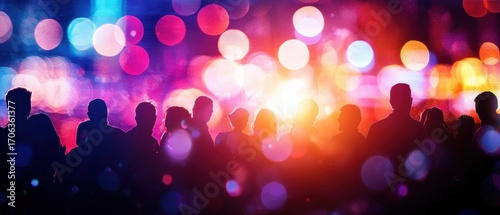 A vibrant, colorful scene with silhouettes of people against a backdrop of bright lights, creating a lively and energetic atmosphere.