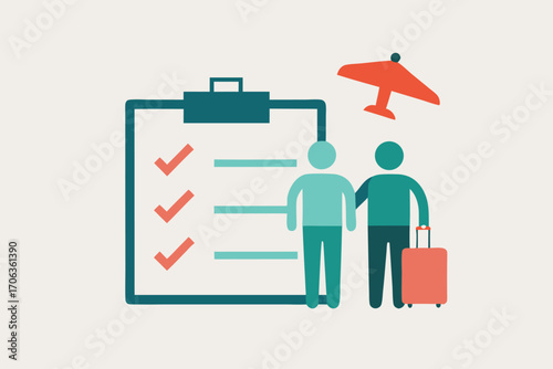 Travel insurance concept with clipboard, people, and airplane isolated on white background