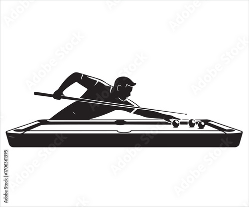 Silhouette of man playing billiards aiming shot on pool table with cue stick