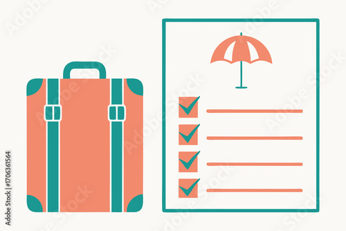 Travel insurance concept with suitcase and clipboard isolated on white background