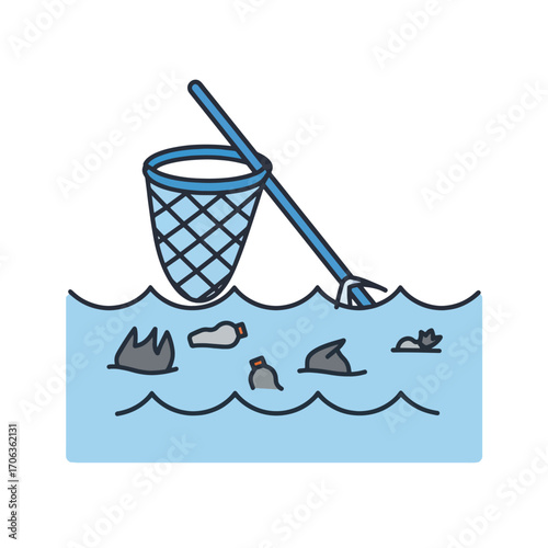 Fishing net in water with plastic pollution and debris