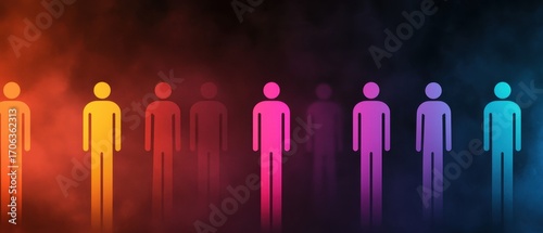 Colorful silhouettes of people set against a smoky background, showcasing a spectrum of hues from yellow to blue, creating a vibrant and dynamic visual effect.