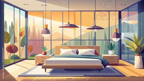 Modern bedroom with floor-to-ceiling windows, neutral palette, low platform bed, and soft pendant lights, creating a serene and spacious retreat for restful nights.