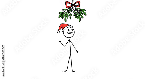 Stick figure wearing Santa hat standing under mistletoe for Christmas  