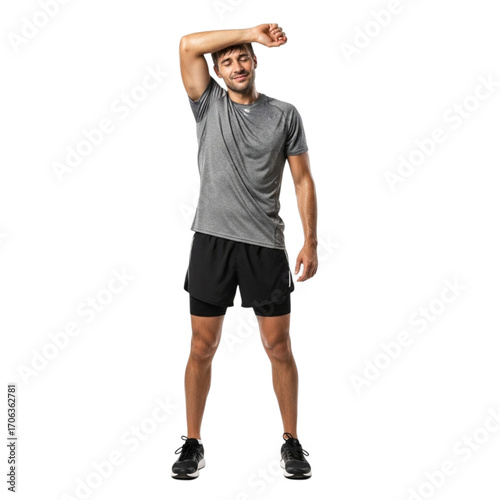 Man in athletic wear resting after workout gray shirt black shorts running shoes fitness training exercise on transparent background