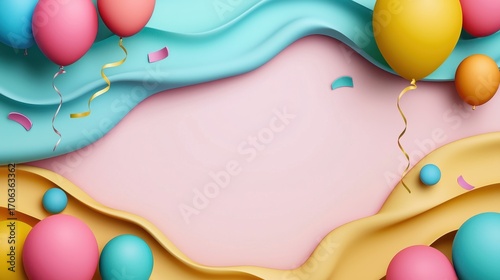 A vibrant, abstract background featuring colorful balloons and playful curves, perfect for celebrations and festive occasions.