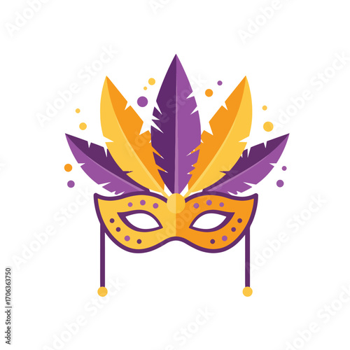 A festive Mardi Gras mask with purple and yellow feathers