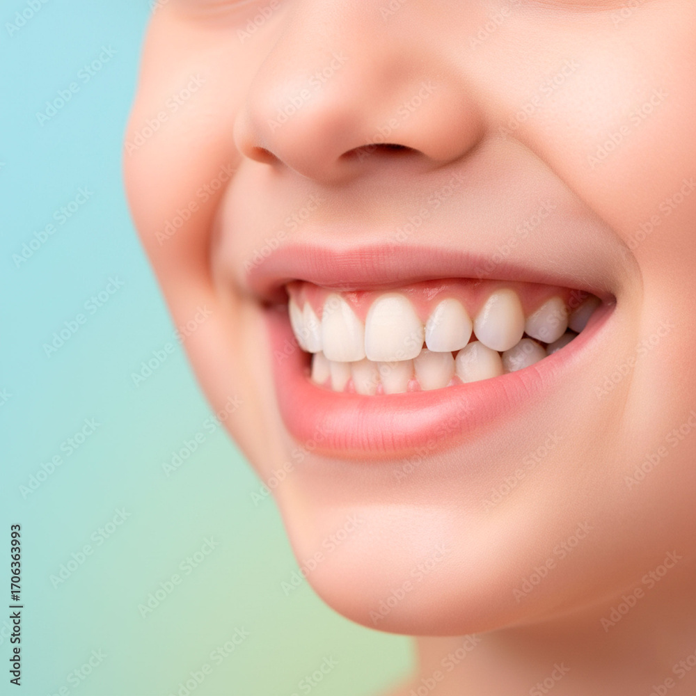 Fototapeta premium A close-up of a child's radiant, wide smile, showing off perfectly white and healthy teeth, ideal for dental advertising.