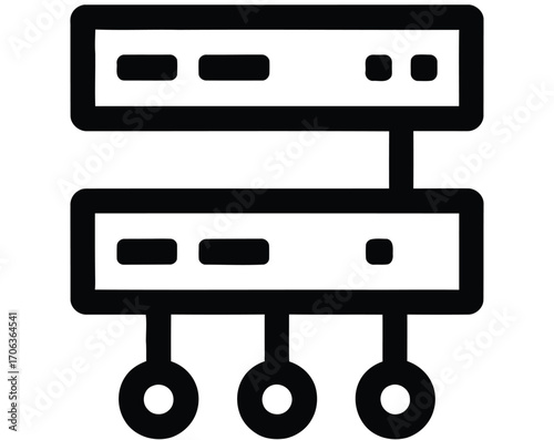A bold line icon illustrating a server cluster and network infrastructure, part of a set of icons representing various technology concepts