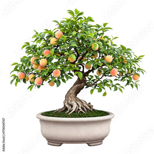 A meticulously cultivated miniature fruit-bearing bonsai tree, showcasing delicate green leaves and ripe, small peaches, expertly presented in a decorative ceramic pot against a crisp white background
