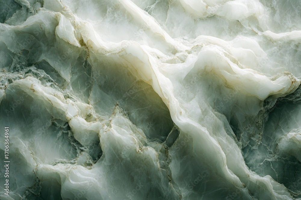 Obraz premium Close-up view of a swirling, textured green and white onyx stone, exhibiting natural formations and patterns.