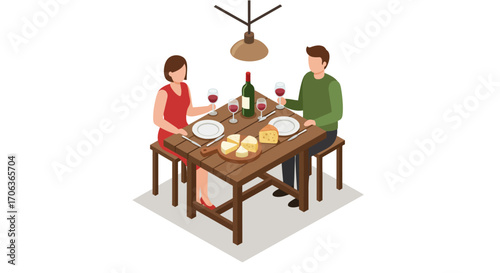 Romantic dinner in isometric style with wine and cheese on wooden table