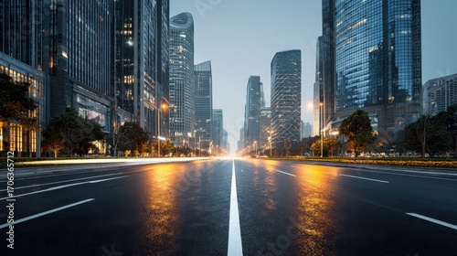 City skyline at dawn with wet streets reflecting skyscrapers and streetlights during early morning hours