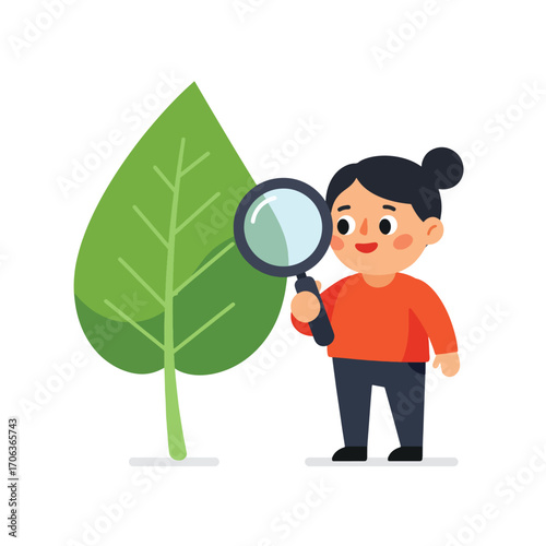 A cartoon child inspects a large green leaf with a magnifying glass