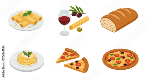 Italian cuisine elements: pasta, pizza, bread, wine, and olives in isometric…