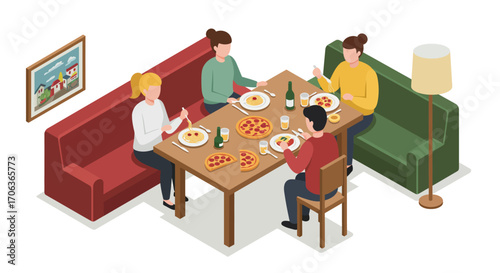 Family enjoying pizza dinner in cozy living room setting with isometric design