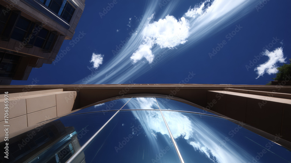 Fototapeta premium Dynamic Perspective of Skyscrapers Reflecting a Clear Blue Sky