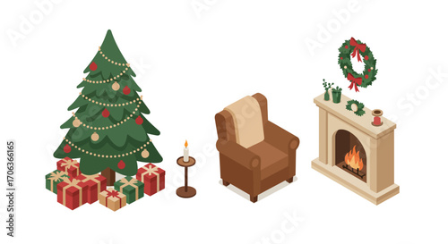 Cozy holiday living room with christmas tree, fireplace, and gifts in isometr…