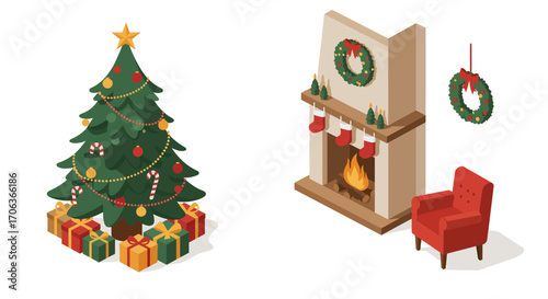 Isometric christmas scene with tree and fireplace decor
