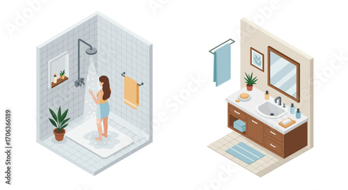 Isometric bathroom design with shower and vanity elements