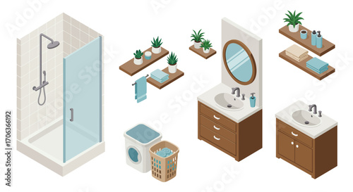 Modern isometric bathroom set with shower, vanities, and accessories