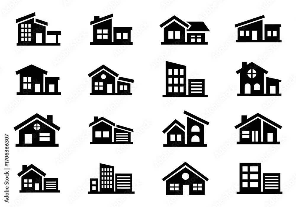Fototapeta premium A collection of simple black house icons and residential building symbols. Vector graphics for real estate, property, and architectural design