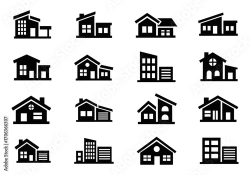 A collection of simple black house icons and residential building symbols. Vector graphics for real estate, property, and architectural design