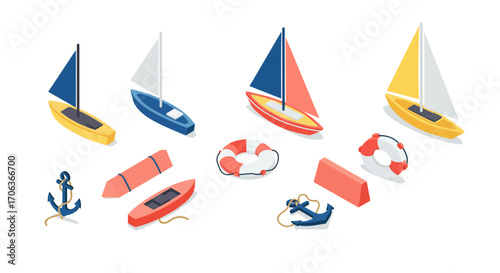 Colorful isometric sailboats and nautical elements on white background