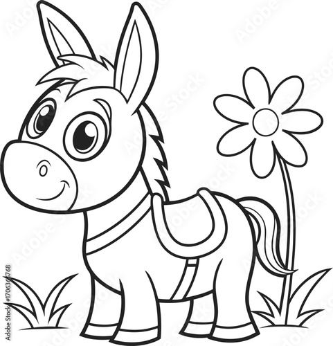 Vector art of cute cartoon donkey with a saddle standing next to a flower, line art for coloring