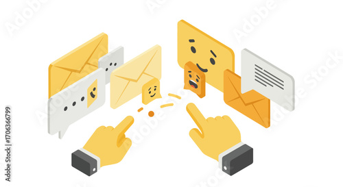 Isometric email communication with interactive emojis and message bubbles