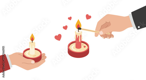 Hands lighting romantic candles with hearts in flat design