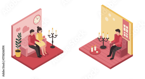 Cozy home moments: isometric couples and candles in modern interior settings
