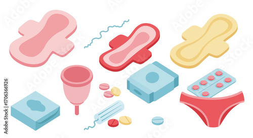 Feminine hygiene products in pastel colors: pads, cup, and tampons in isometr…