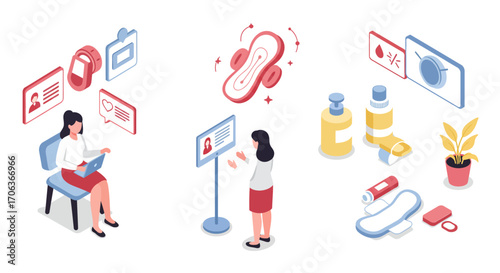 Isometric office scenes featuring women analyzing data and exploring healthca…