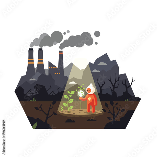 Character in red suit with plant under spotlight factory emits smoke barren land