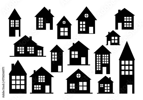 A diverse collection of black house silhouettes isolated on a white background, representing a neighborhood, community, or real estate concepts