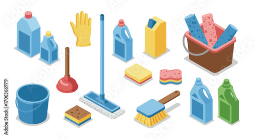 Isometric cleaning supplies set: detergents, tools, and accessories for home…