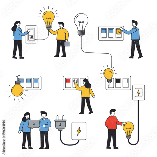 People interact with light switches bulbs and electrical plugs