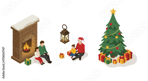 Isometric holiday scene with family by fireplace and decorated christmas tree