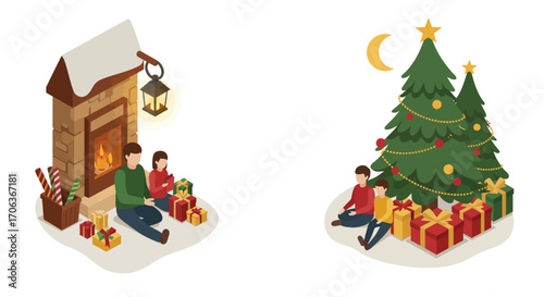 Cozy winter scene with family by fireplace and christmas tree decorated with…