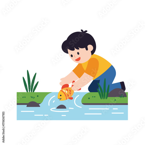 Boy holding a small fish in a stream