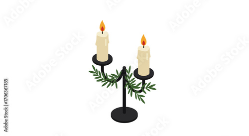 Elegant isometric candle holder with greenery and burning candles