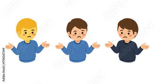 Diverse cartoon characters expressing confusion with shrug gesture on white b…