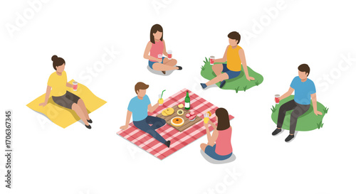 Isometric picnic with friends relaxing on a sunny day with food and drinks