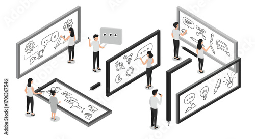 Isometric people collaborating on interactive whiteboards with doodle icons