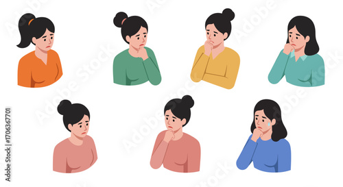 Flat style set of women in various pensive expressions on white background