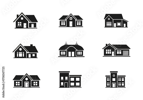 A diverse set of flat design house and building icons for architectural or real estate concepts isolated on a white background